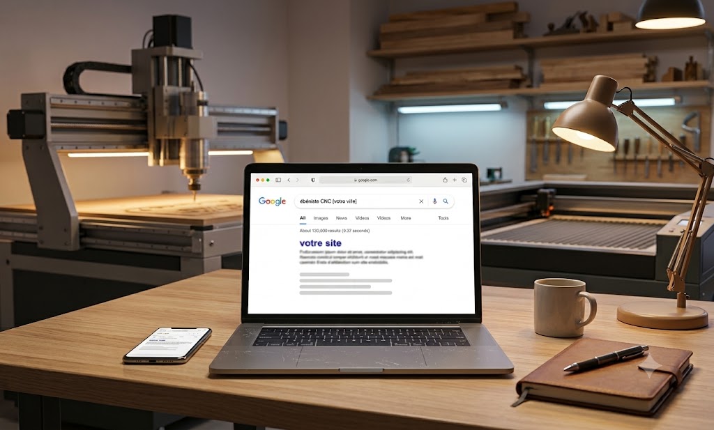 Atelier artisanal et ordinateur affichant les résultats Google